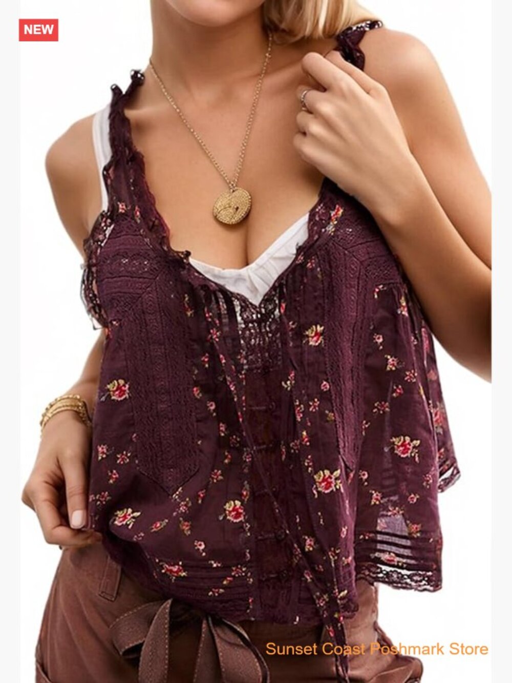 Boho Lace Tank Top Sleeveless Button Down Front Tie Y2k Cute Shirt